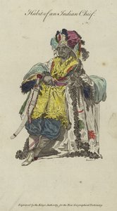 Kleding van een Indiaanse hoofdman (kleurgravure)