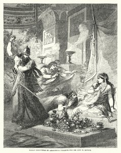 Haman ontdekt door Ahasveros terwijl hij om zijn leven smeekt bij Esther (gravure)