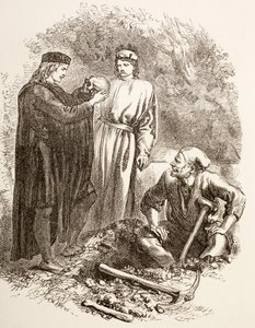 Hamlet houdt de schedel van Yorick vast, illustratie van Act V, Scene I in Hamlet, uit 