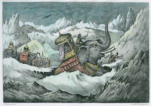 Hannibal (247-c.183 v.Chr.) en zijn oorlogsolifanten steken de Alpen over (latere inkleuring)