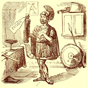Hannibal houdt de gebruikelijke nette en passende toespraak voordat hij zichzelf doodt, illustratie uit De Komische Geschiedenis van Rome door Gilbert Abbott a Beckett, gepubliceerd ca. 1850 door English School