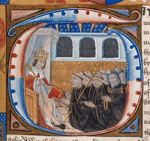 Geïllustreerde initiaal met Koning Hendrik VII die het boek ontvangt, illustratie uit 