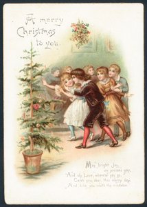Plezier onder de mistletoe, kerstkaart door English School