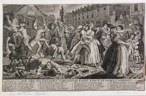 Hij en zijn dronken metgezellen veroorzaken een rel in Covent Garden, 1735 door English School