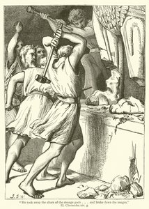 "Hij nam de altaren van de vreemde goden weg... en brak de beelden", II Kronieken, xiv, 3 (gravure) door English School