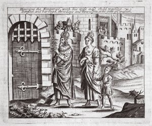 Henricus de Keizer met zijn vrouw en kind wachtend, blootsvoets en met blote benen, drie dagen en drie nachten bij de poorten van Canusuam, illustratie uit Handelingen en Monumenten van John Foxe, negende editie