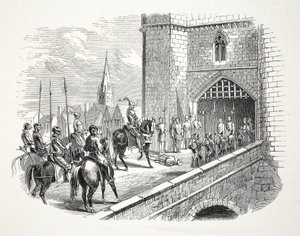 Henry graaf van Richmonds (later Henry VII) intocht in Shrewsbury over het lichaam van de burgemeester, 19e eeuw door English School