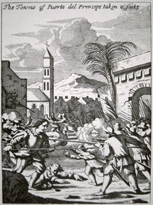 Henry Morgan verovert en plundert de stad Puerto de Principe, Cuba, in 1668, illustratie uit 