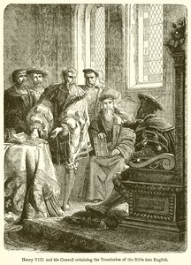 Hendrik VIII en zijn Raad die de vertaling van de Bijbel in het Engels bevelen door English School