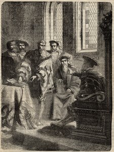 Hendrik VIII en zijn Raad die de vertaling van de Bijbel in het Engels bevelen - 1538 - gravure uit 