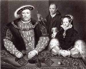 Hendrik VIII, zijn dochter Koningin Mary en Will Somers, naar een 16e-eeuws olieverfschilderij, postuum geschilderd, 1821
