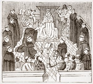 Hendrik V en zijn parlement (uit de Harleian MMS in het British Museum), illustratie uit De Geschiedenis van het Protestantisme door James Aitken Wylie, 1878 door English School