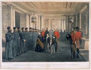 Hare Majesteit Koningin Victoria (1819-1901) en Z.K.H. Prins Albert (1819-61) inspecteren de gewonde soldaten van de Grenadier Guards in Buckingham Palace, 1855 door English School