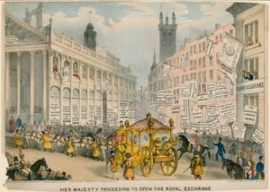 Hare Majesteit op weg om de Royal Exchange, Londen, te openen door English School