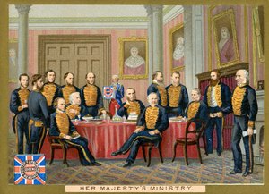 Hare Majesteits Ministerie, promotiekaart voor Huntley & Palmers Biscuits, ca. 1890 door English School