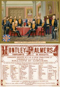 Hare Majesteits Ministerie, voor- en achterkant van een promotiekaart voor Huntley & Palmers Biscuits, geproduceerd voor de Franse markt c.1890