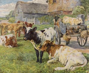 Kudde koeien en een kalf in een door paarden getrokken kar