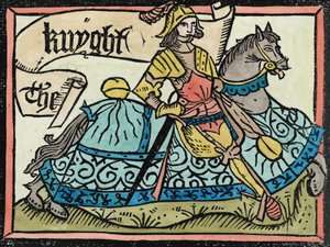 Hier begint het verhaal van de ridder, illustratie uit The Canterbury Tales door Geoffrey Chaucer (c.1345-1400) gedrukt door William Caxton (c.1422-91) 1434 door English School