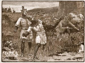 Heldhaftigheid van St. Clair bij het beleg van Bridgnorth Castle, illustratie uit Cassells Illustrated History of England door English School