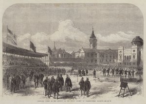 Hooglandspelen bij de bijeenkomst van de Keltische Vereniging op College-Green, Glasgow (gravure) door English School