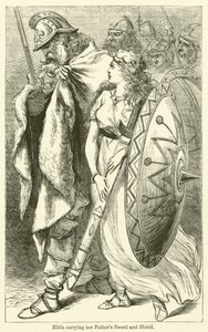 Hilda draagt haar vaders zwaard en schild (gravure)