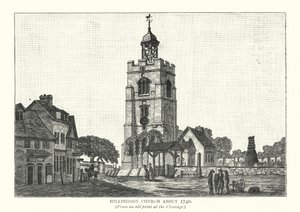 Hillingdon Kerk omstreeks 1740 (gravure) door English School