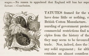 Versierde initiaal S, uit een boek over Britse katoenfabricage door English School
