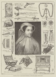 Historische relikwieën in de Stuart-tentoonstelling, in de New Gallery, Regent-Street door English School