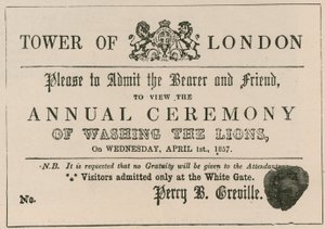 Hoax toegangsbewijs voor de ceremonie van het wassen van de leeuwen in de Tower of London door English School