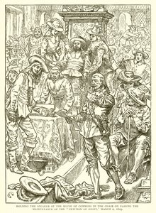 De voorzitter van het Lagerhuis in de stoel houden bij het aannemen van het Onderhoud van het Petitierecht, 2 maart 1629 door English School