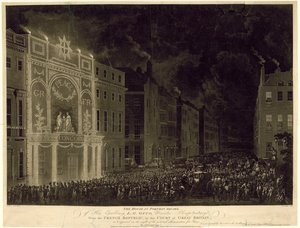 Huis op Portman Square van de Franse Ambassadeur, verlicht om de Vrede te vieren, 29 april 1802 door English School