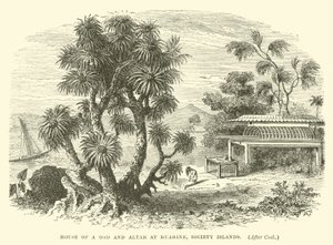 Huis van een god en altaar in Huahine, Society-eilanden, na Cook door English School