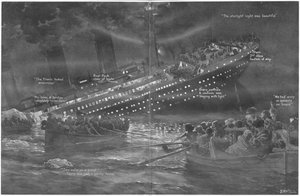 Hoe de Titanic geleidelijk met de boeg eerst zonk met haar lichten tot het laatste moment brandend, uit The Sphere, 27 april 1912