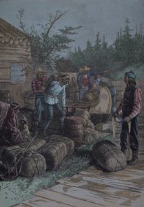 Hudson Bay Company, handelspost in midden 19e eeuw, eind 19e eeuw (gravure)
