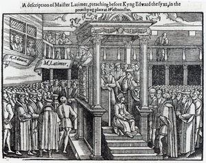 Hugh Latimer (ca.1485-1555) predikend voor koning Edward VI (1537-53) in Westminster in 1547, uit 