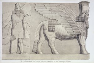 Menselijk hoofd stier en gevleugeld figuur van een poort op de muur rond Koujunjik, plaat 3 uit Nineveh en zijn overblijfselen door Austen Henry Layard (1817-94) gepubliceerd 1849 door English School
