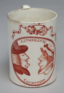 Humoristische mok versierd met omkeerbare hoofden van een man en vrouw, ca. 1780