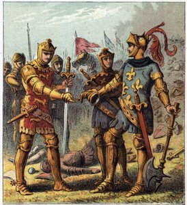 Honderdjarige Oorlog: Slag bij Poitiers (1356). De koning van Frankrijk Jan II de Goede (1319-1364) erkende zijn nederlaag en ging naar Edward Plantagenet van Engeland.
