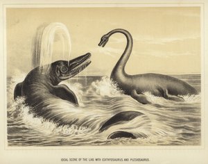 Ideaal beeld van de Lias met Ichthyosaurus en Plesiosaurus door English School