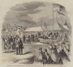 Inhuldiging van de nationale schietwedstrijd, de koningin ontvangt het adres van de National Rifle Association (gravure) door English School