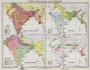 India, Bevolking en Producten (kleur litho) door English School