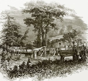 Indiase grafmonumenten aan de oevers van de Cowlitz rivier door English School