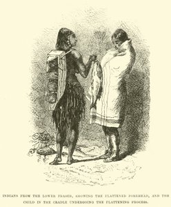 Indianen van de Beneden Fraser, met afgeplatte voorhoofden, en het kind in de wieg ondergaat het afvlakkingsproces door English School
