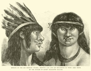 Indianen van de Rio Oermejo (Brazilië), met oor- en lipornamenten van hout, zoals die van de Hydahs op de Queen Charlotte-eilanden door English School