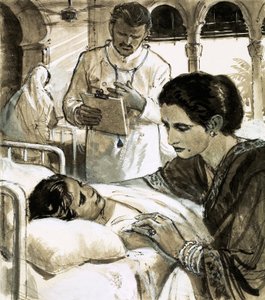 Indira Gandhi waakt over een kind in het ziekenhuis