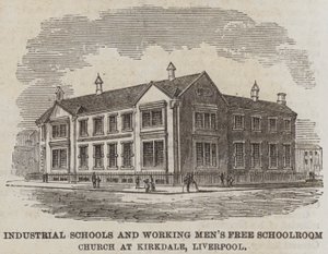 Industriële scholen en gratis schoolkerk voor arbeiders in Kirkdale, Liverpool (gravure) door English School