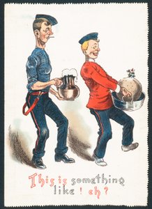 Dronken Heren dragen pruimenpudding en drank (Humoristisch), Kerstkaart door English School