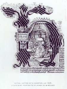Beginletter van een charter met portretten van Hendrik VIII en Wolsey, 1529 door English School