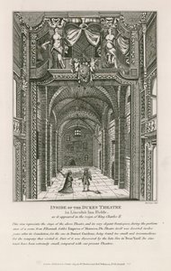 Binnenkant van het Dukes Theatre in Lincolns Inn Fields, zoals het verscheen tijdens het bewind van koning Charles II door English School