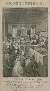 Binnenaanzicht van Justice Hall in de Old Bailey, de rechtbank zittend, en de manier van het berechten van gevangenen aan de Bar door English School